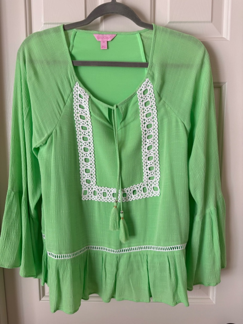 Lilly Pulitzer Lime Green Peasant Blouse with White Crochet Trim